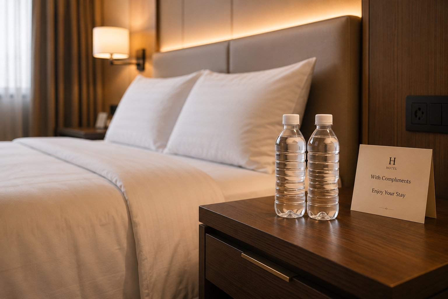 Kamar hotel dengan dua botol air minum